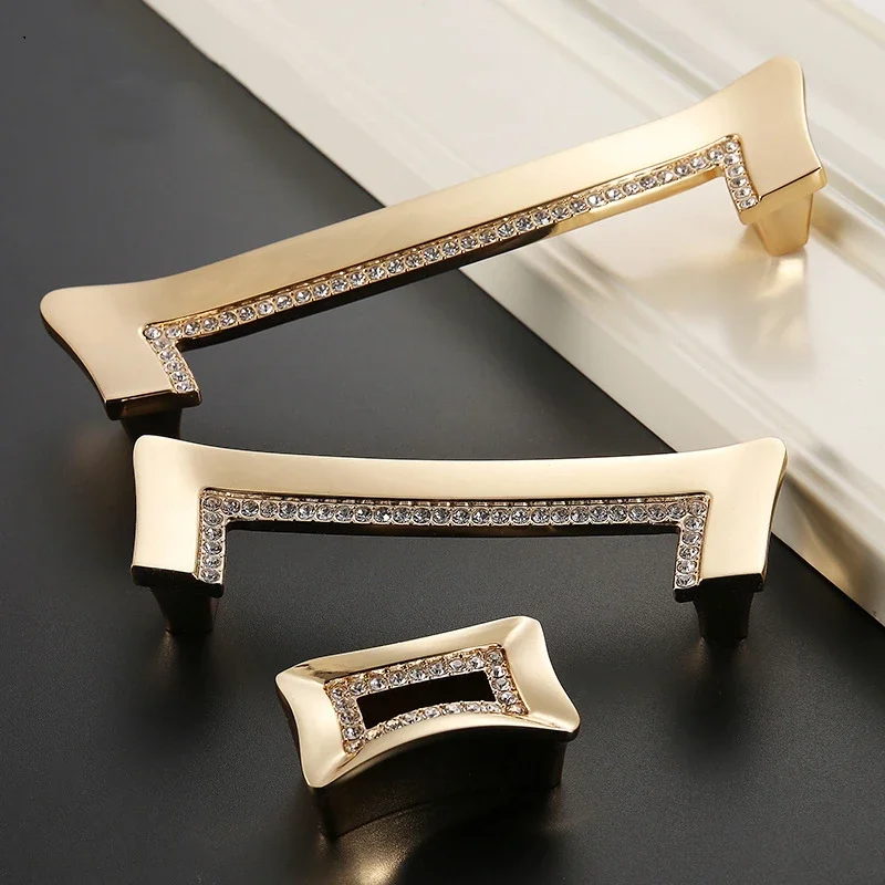 Luxury Gold Czech Crystal Cabinet Door Handles Furnitures Cupboard Wardrobe Drawer  Dresser Hidden Pull Furniture Hardware