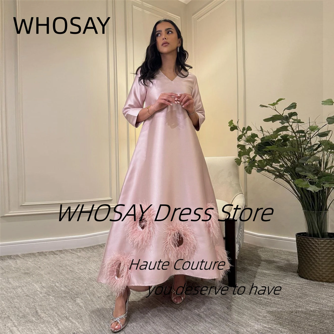 WHOSAY Customized Feathers Prom Dresses V Neck Long Sleeves Evening Gowns Zipper Back Formal Occasion Saudi Party Dress