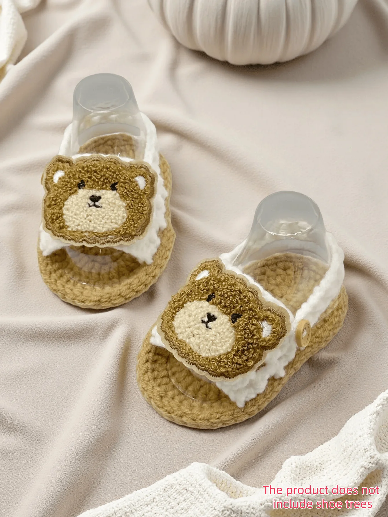 1 Pair Baby Girl Crochet Sandals With Cartoon Bear Embroidery, White And Khiki, Knit Woven Sole