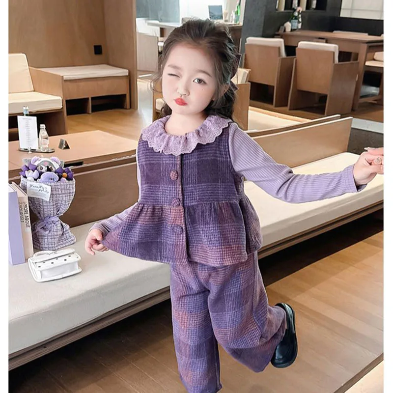 Children Fashion Elegance Tops Clothing Autumn Spring Baby Girls Clothes Set Purple stripe Vest Coat+Lapel Shirt+Pants 3Pcs Suit