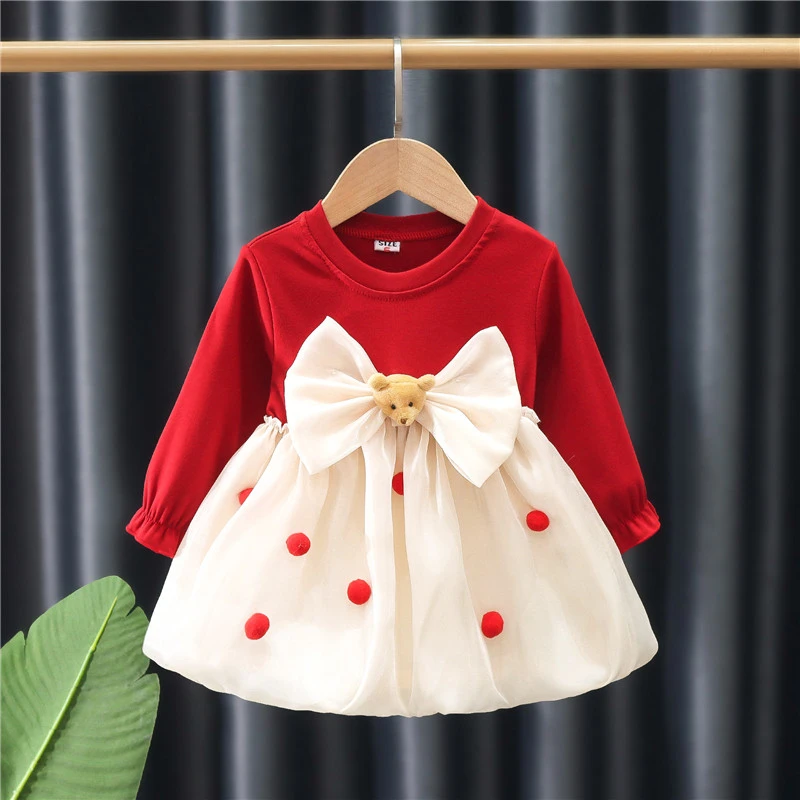 

Baby Girl Dresses Spring/Fall Cartoon Mesh Long-Sleeve Girls Dresses Adorable Christmas-Themed Baby Dresses