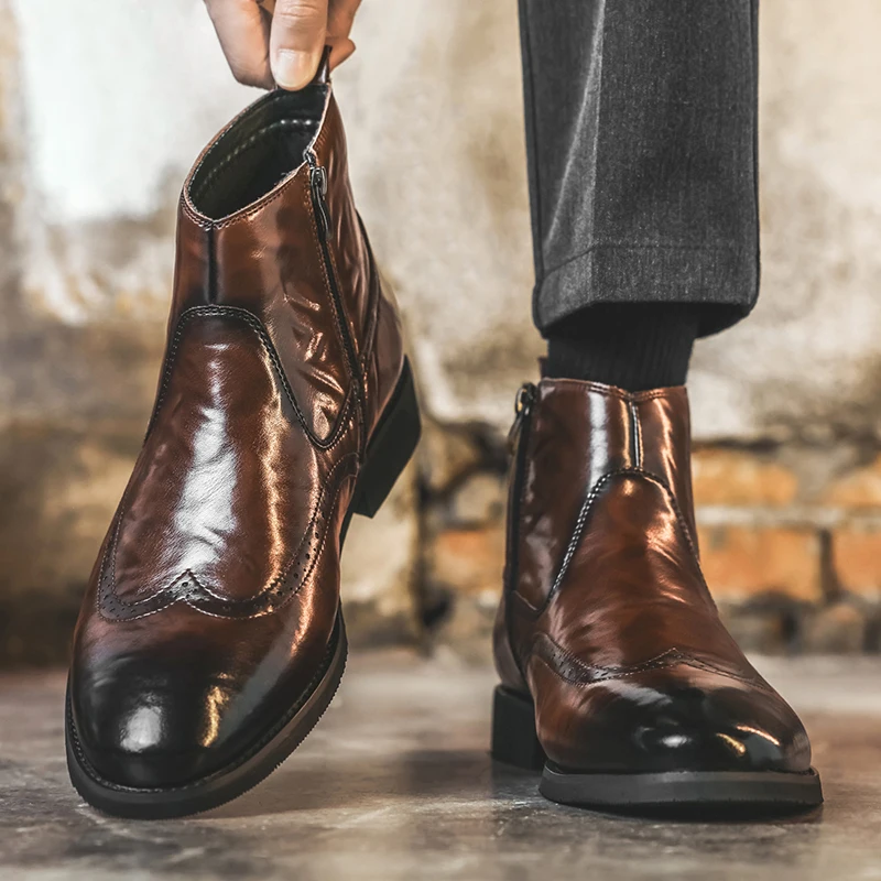 winter-chelsea-boots-men's-british-lacquer-leather-mid-heel-boots-round-toe-high-heels-shiny-leather-women's-boots
