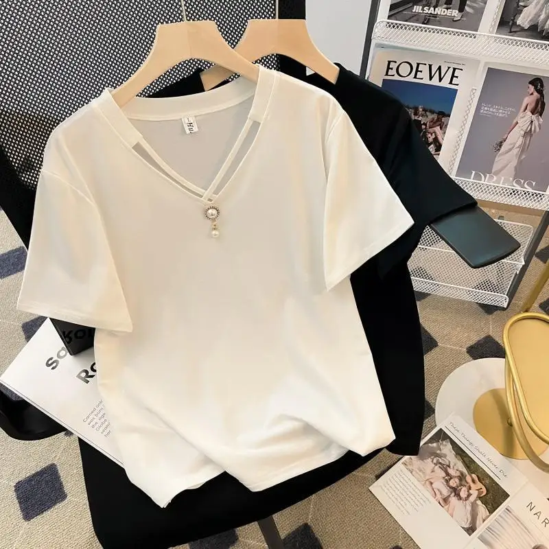 

V Neck Simplicity Harajuku T Shirts Summer New Trend Short Sleeve Solid Loose Street Casual Tops Fashion Vintage Women Clothing