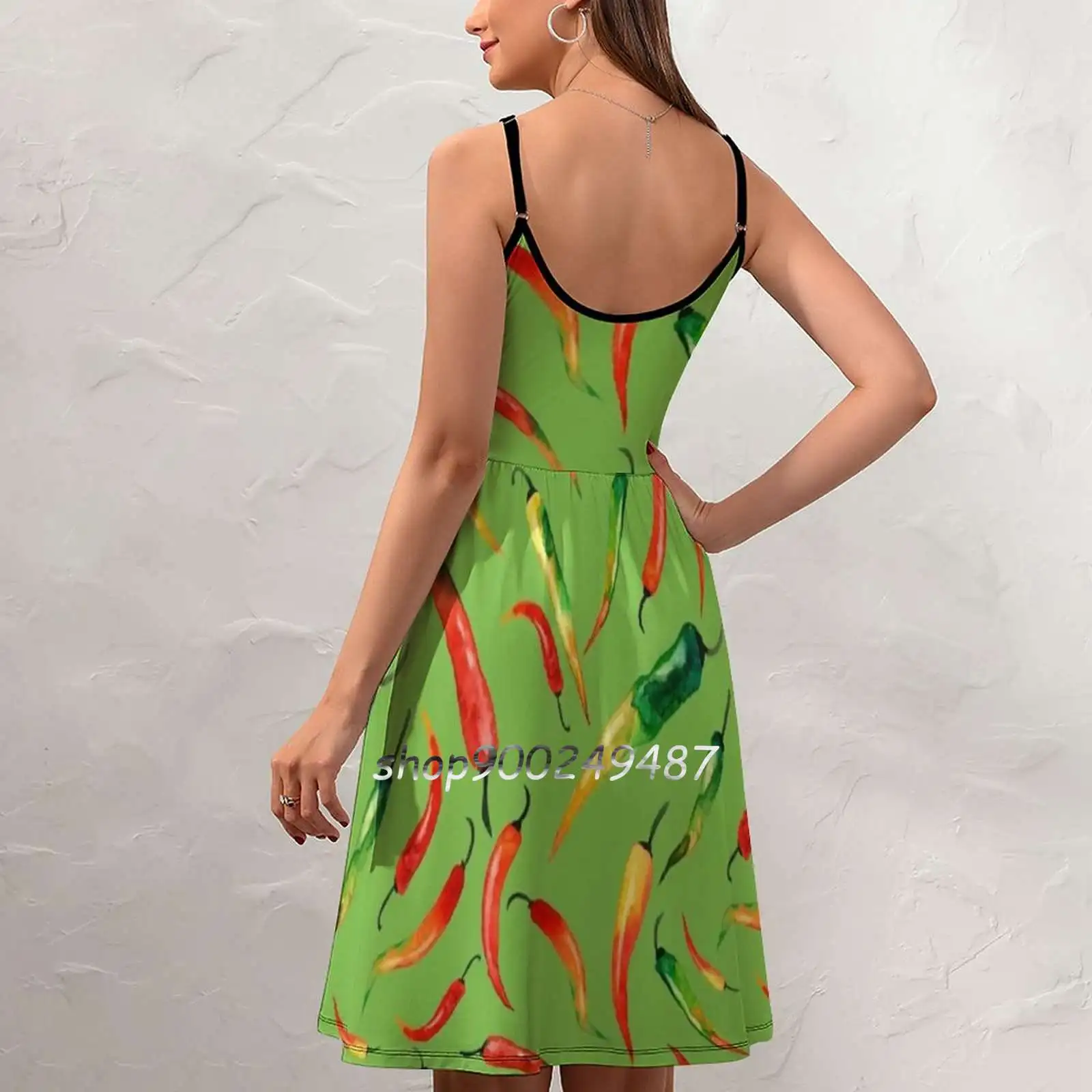 - Chilli Pattern ( Green ) - Sweet Summer Casual Sling Dresses Korean Women Sexy Sundress Watercolor Chili Pepper Spice