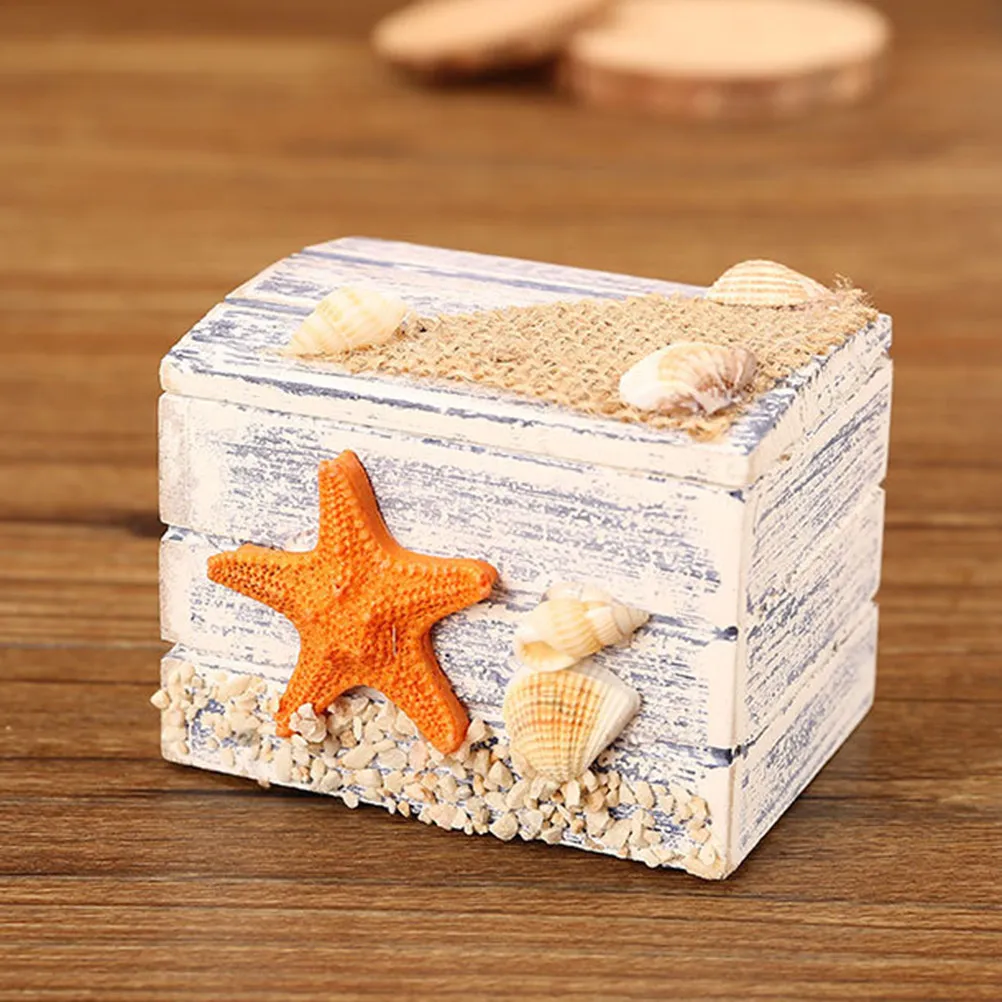Mediterranean Wooden Jewelry Box Vintage Treasure Storage Nautical Decor Sea Star Shell Pattern Organizer Gift Case Sundries