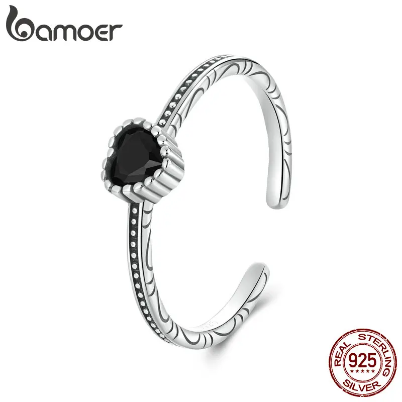 BAMOER Genuine 925 Sterling Silver Nightfall Heart Open Ring for Women Luxury Silver Finger Ring Fine Jewelry Engagement Gift