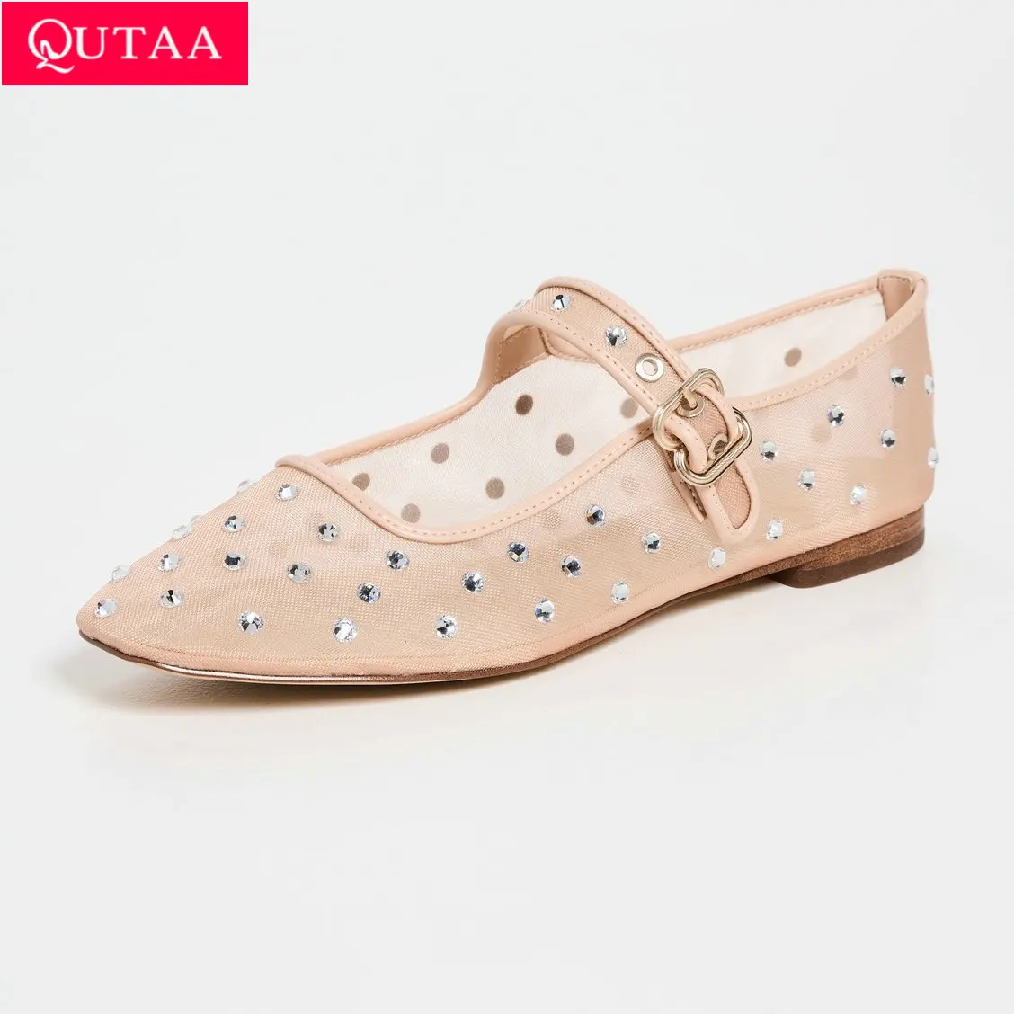 QUTAA 2024  Women Flats Fashion Ballet Mary Janes Crystal Shoes Woman rhinestone mesh Round Toe Spring Summer Sandals Size 34-42