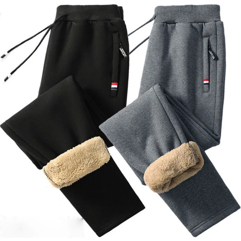 Winter Men's Cotton Tight Track Pants Fleece-Lined Thick Lambskin Knitted Sweatpants Casual Pants