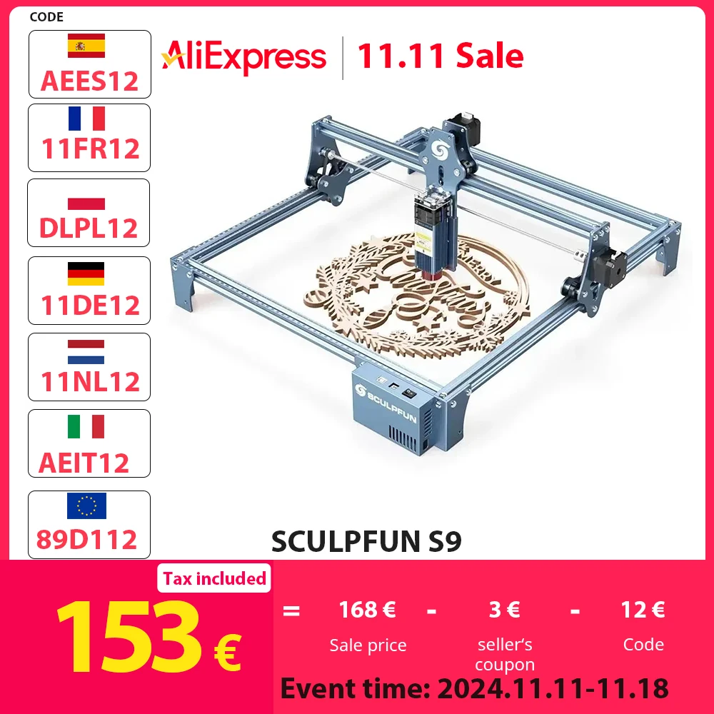 SCULPFUN S9 Laser Engraver 90w Full-Metal CNC Laser Engraving Machine 5.5W High Precision Engraving Area 410x420mm