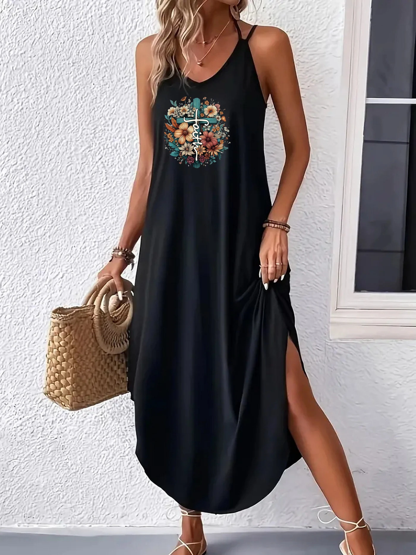 Vestido de camisola con dobladillo curvo de flores, vestido Maxi suelto sin mangas con tirantes finos, ropa Sexy para mujer