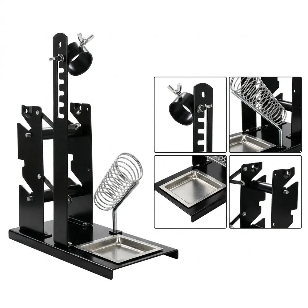 Soldering Iron Stand Featuring Dual Solder Wire Spool Support Adjustable Vertical Positioning and Spring-Based Iron Retention