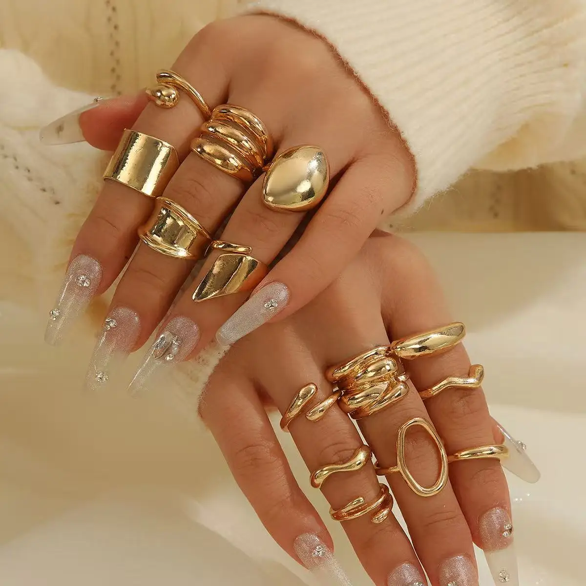 14PCS Retro Smooth Geometric Creative Irregular Gold Women's Ring Set, Suitable For Women's Daily Wear And Gift Decoration, Mult