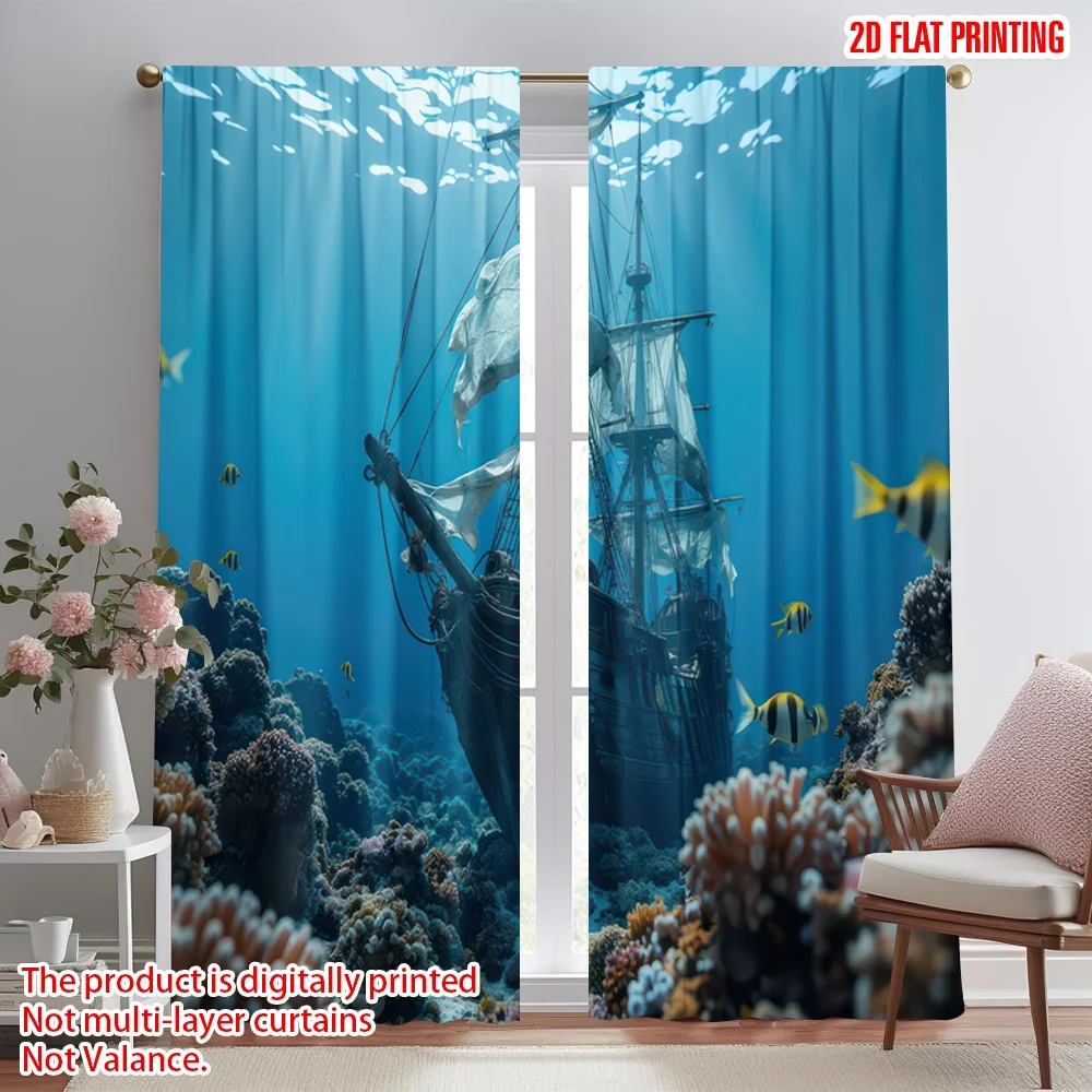 

2D flat printing 2pcs Window Treatment Curtains Underwater Sunken Ship Digital Printed Polyester Drapes Family Party Decoration