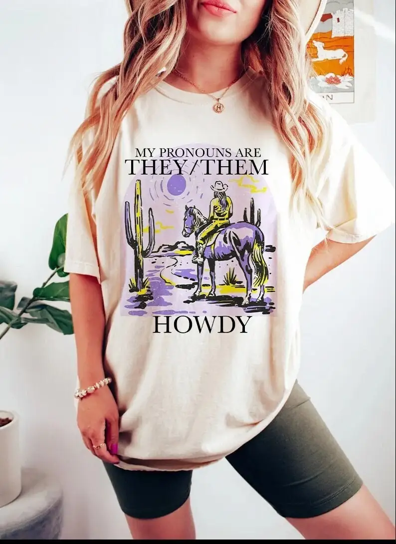 My pronouns are they them howdy cowboy nonbinary shirt cowgirl western retro lgbtq no gender enby