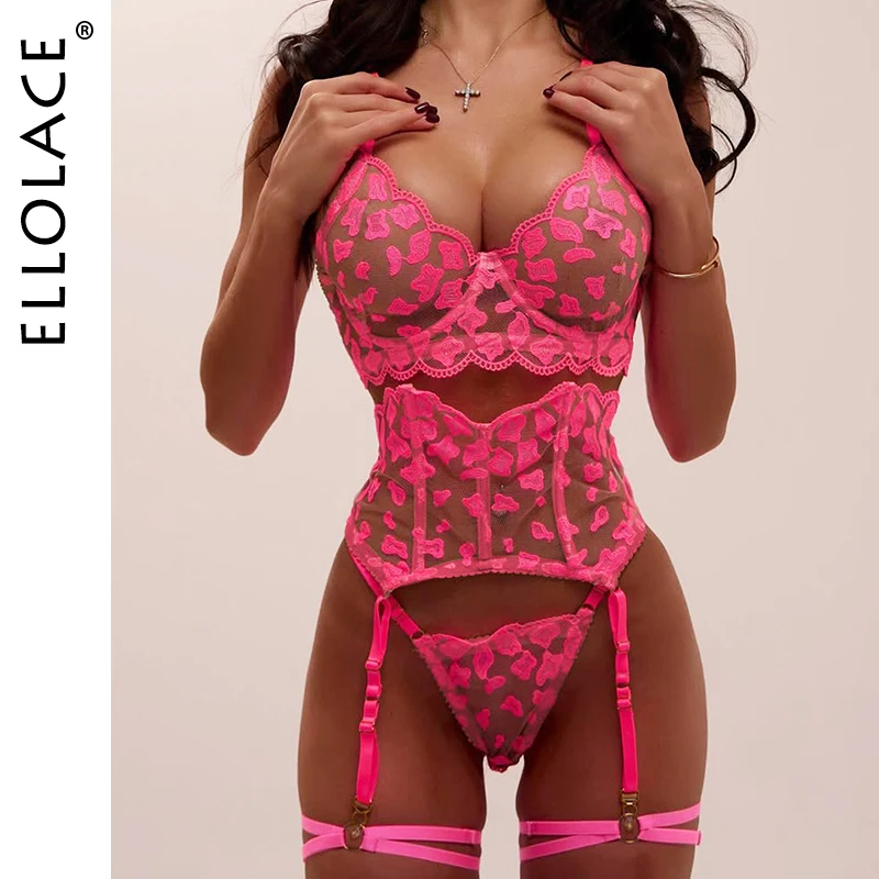 

Ellolace Leopard Lingeries Sexy Hot See Through Embroidered Bra Belt Thong 3PC with Leg Circles Exclusive Garter Party Costume