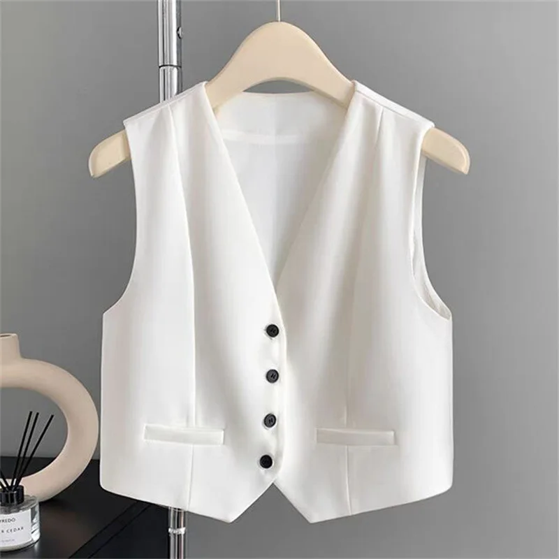 Vintage White Suit Waistcoat Elegant Women's Fashion V-neck Casual Coat New Temperament Design Sense to Wear the Top Simple Chic