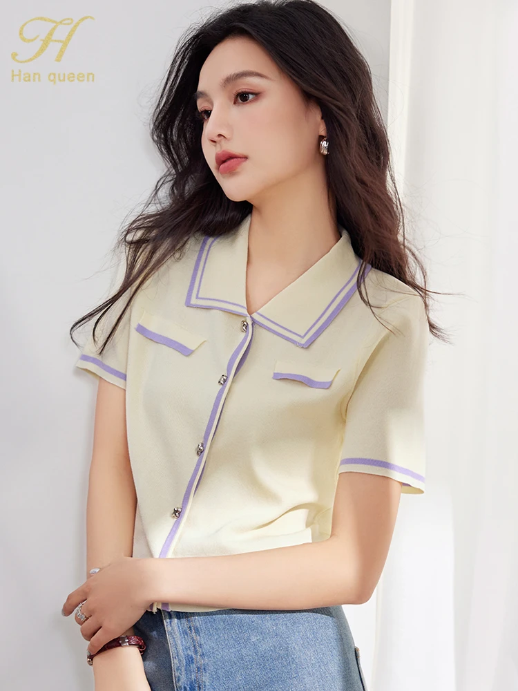 H Han Queen 2024 Korean Summer Knitting Shirts & Blouses Simple Short Sleeve Tops Loose Elegant Blouse  Women's Clothing Sales