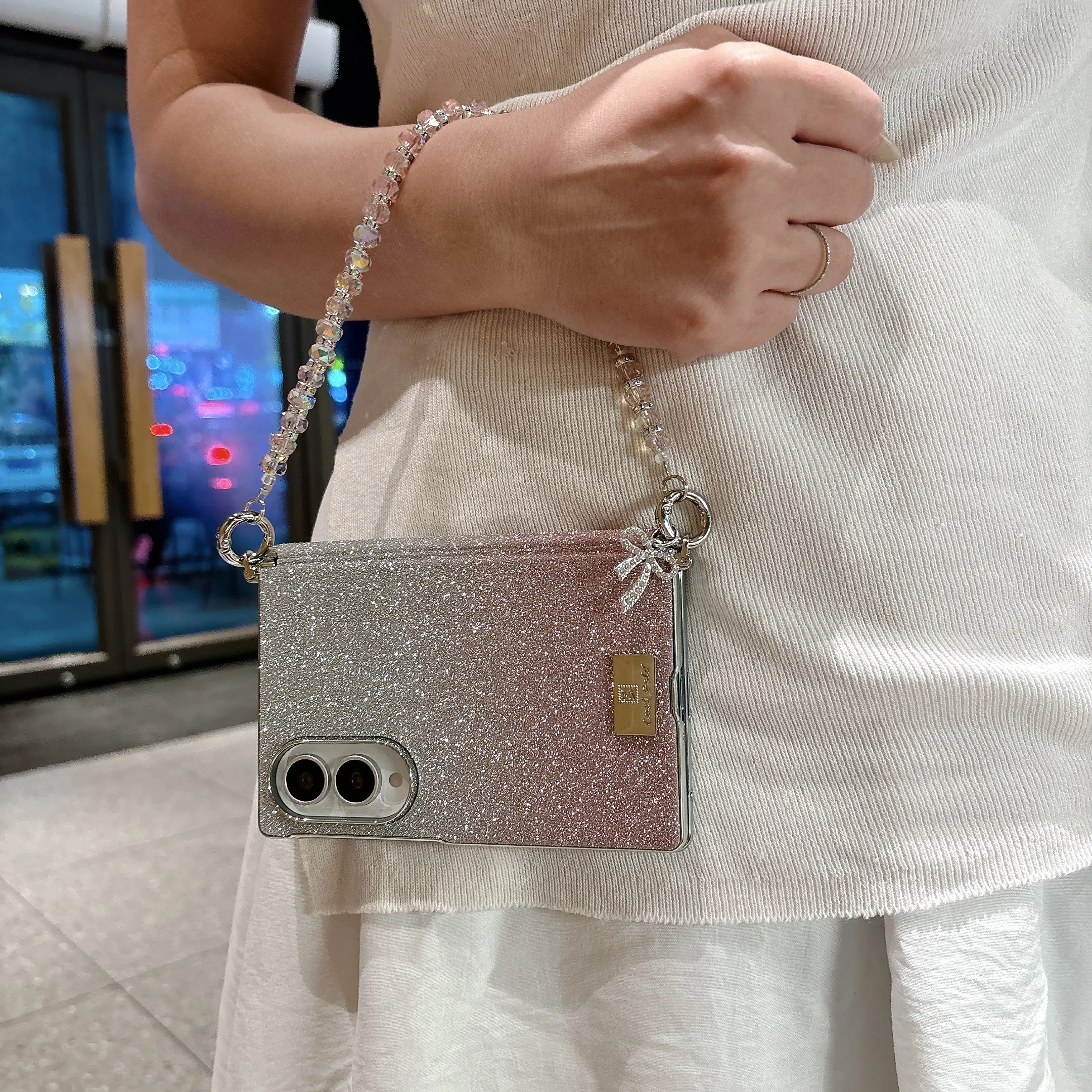 Luxury Fashion Gradient Glitter Leather Phone Case for Samsung Z Fold 8 Wide Hinge Protection Shockproof With Wrist Strap Cover view 3