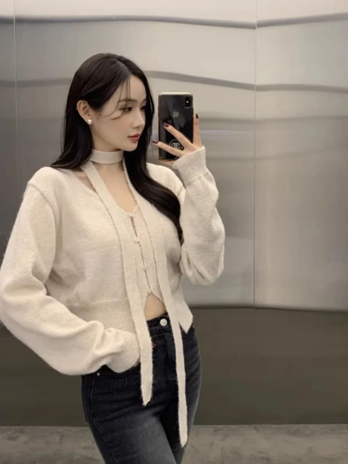 

Женский осенне-зимний вязаный свитер V-Ne, приталенный кардиган, однотонный, теплый, модный, повседневный топ