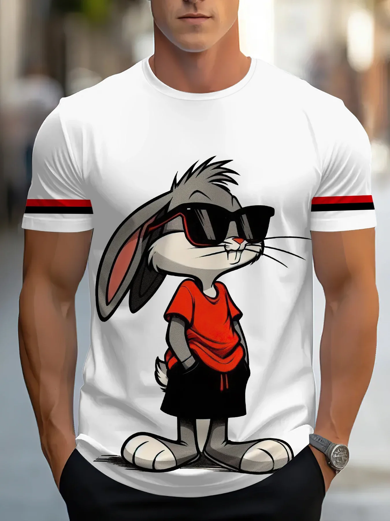 New glasses wearing cartoon rabbit men's T-shirt fashion animal and cartoon print design round neck casual sports men's Clothing image 3