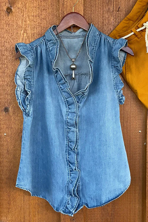 2024 Summer New Women\'s Ruffled Denim Shirt Sleeveless Vest Tops