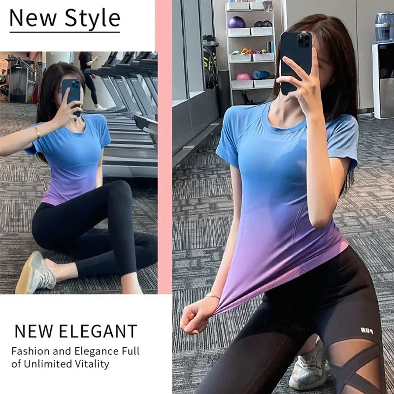 PofyBofy Yoga korte mouw workout korte mouw slim fit sporttops sneldrogend kompres fitness gradiënt dames hardlooptop