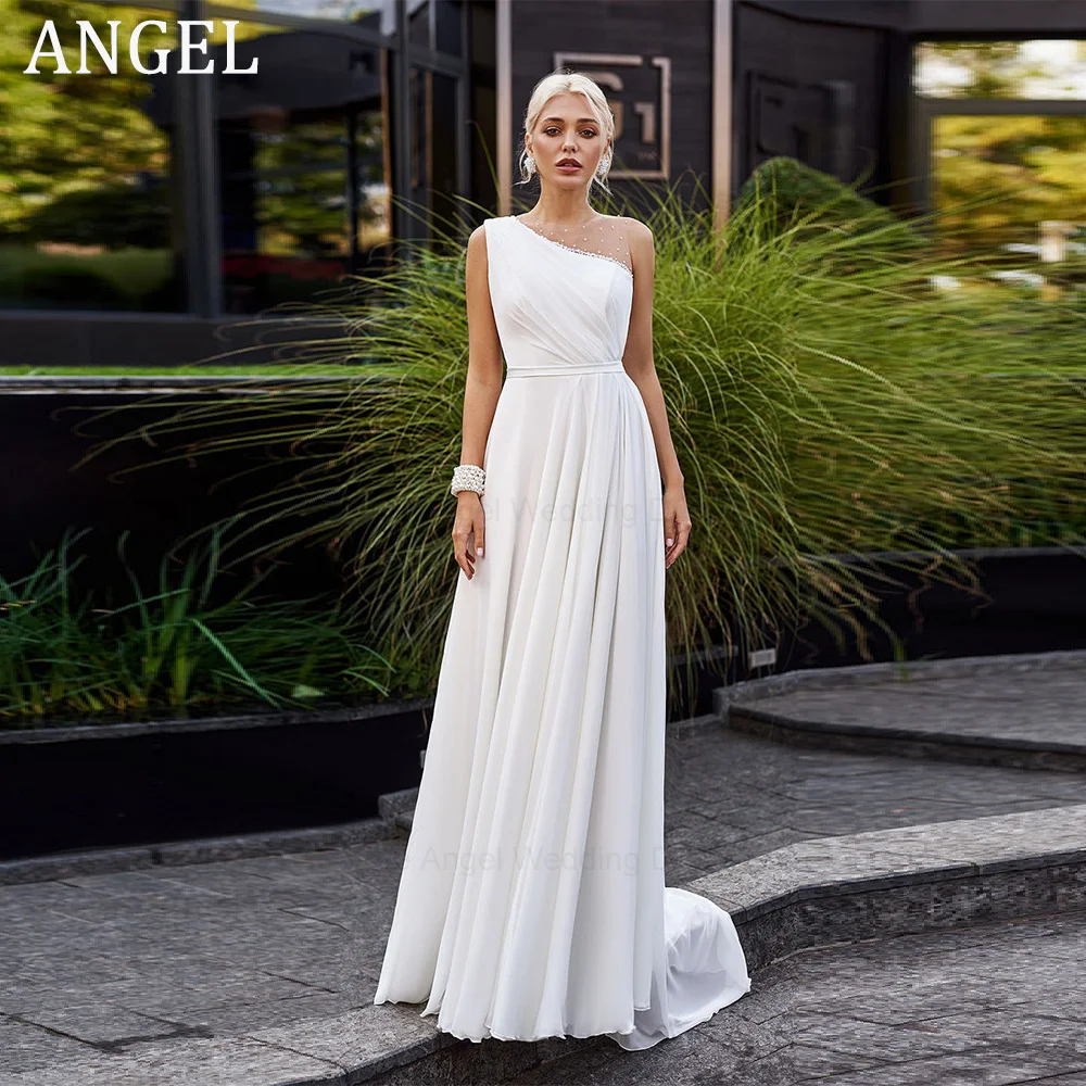 

ANGEL Boho Pearls Wedding Dresses for Women A-Line O-Neck Bridal Dress 2024 Sleeveless Chiffon Pleated Vestidos de Novias Boda