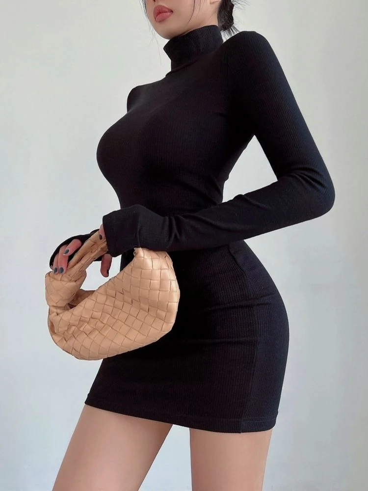 Turtleneck Long Sleeves Dresses Black Sexy Pleated Bodycon Mini Dress 2025 Fall Winter Women Streetwear Party Club Y2K Clothings