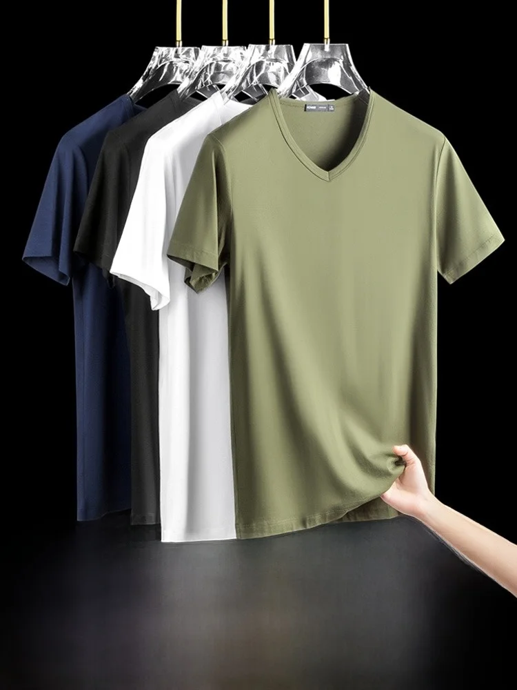 Cooling Modal Men's T-shirt V-neck Short Sleeve Pure Color Base Layer Simple Versatile Quick-drying Summer Ice Silk Top