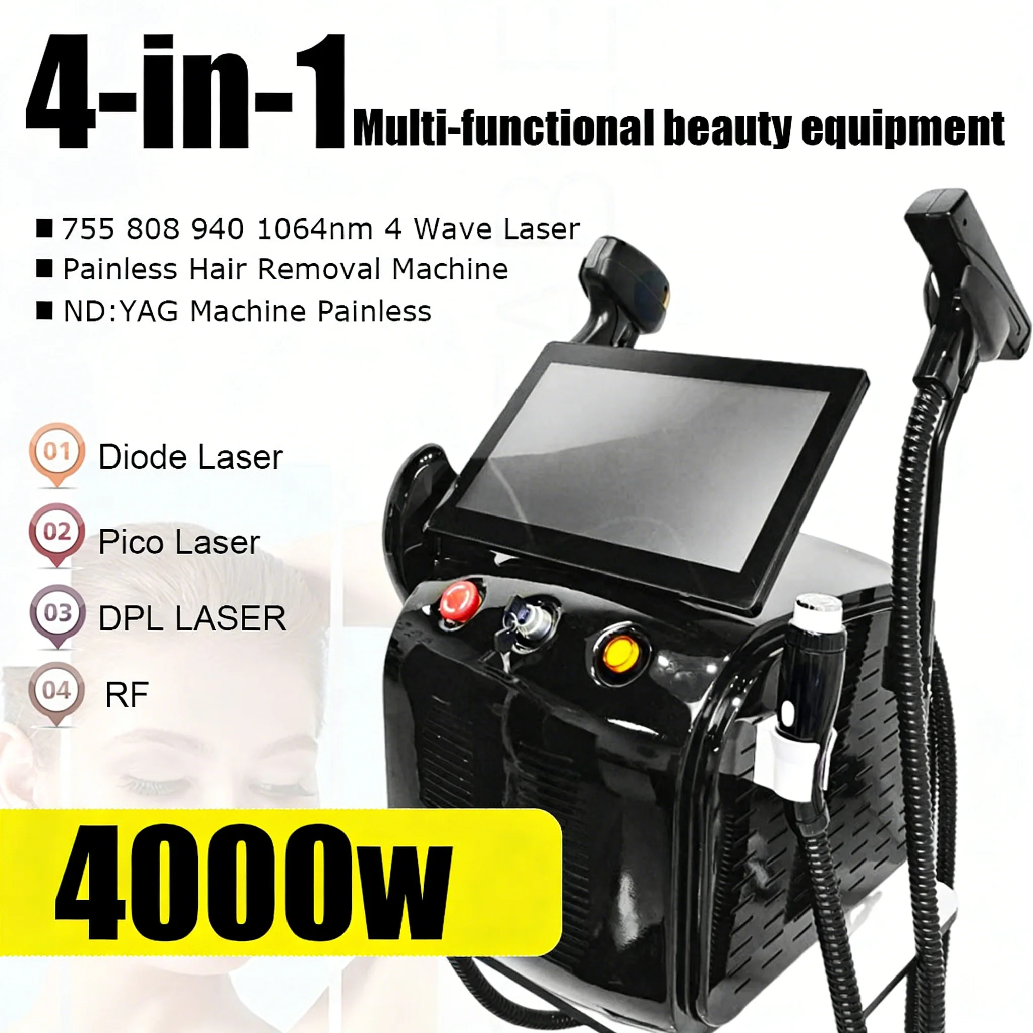 4‑in‑1 Soprano Ice Platinum Diode Laser HaRemoval Machine IPL YG Laser RF Air‑Cooling Painless Salon Beauty Equipment CE Certified