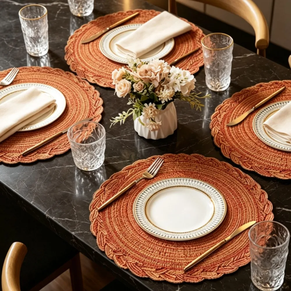 1/4/6PCS Orange Round Placemats Individual For The Table Round Woven Vinyl Non-Slip Kitchen Tableware Coaster Decoration