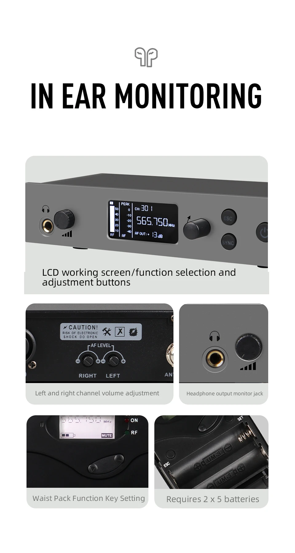 Paulkitson G5.1 PRO Kabelloses In-Ear-Monitoring-System IEM Kabellose Bühnenrückführung UHF LCD-Anzeige XLR-Eingang für Sänger, Bands und Bühnen – Detail 7
