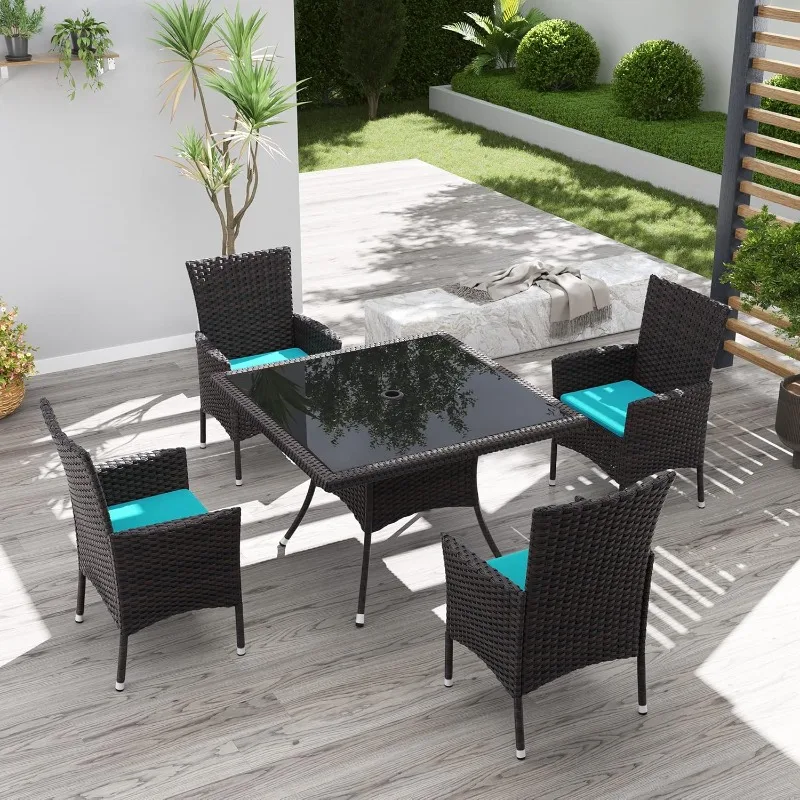 5-Piece Patio Furniture Outdoor Dining Set, Wicker Rattan Patio Dining Table and Chairs Set, Square Tempered Glass Tabl