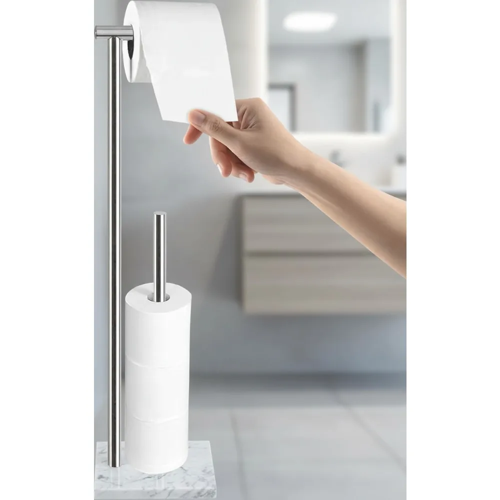 

Premium Standing Toilet Paper Holder with Marble Base, Free-Standing Bathroom Tissue Roll Stand with Storage for Modern Homes