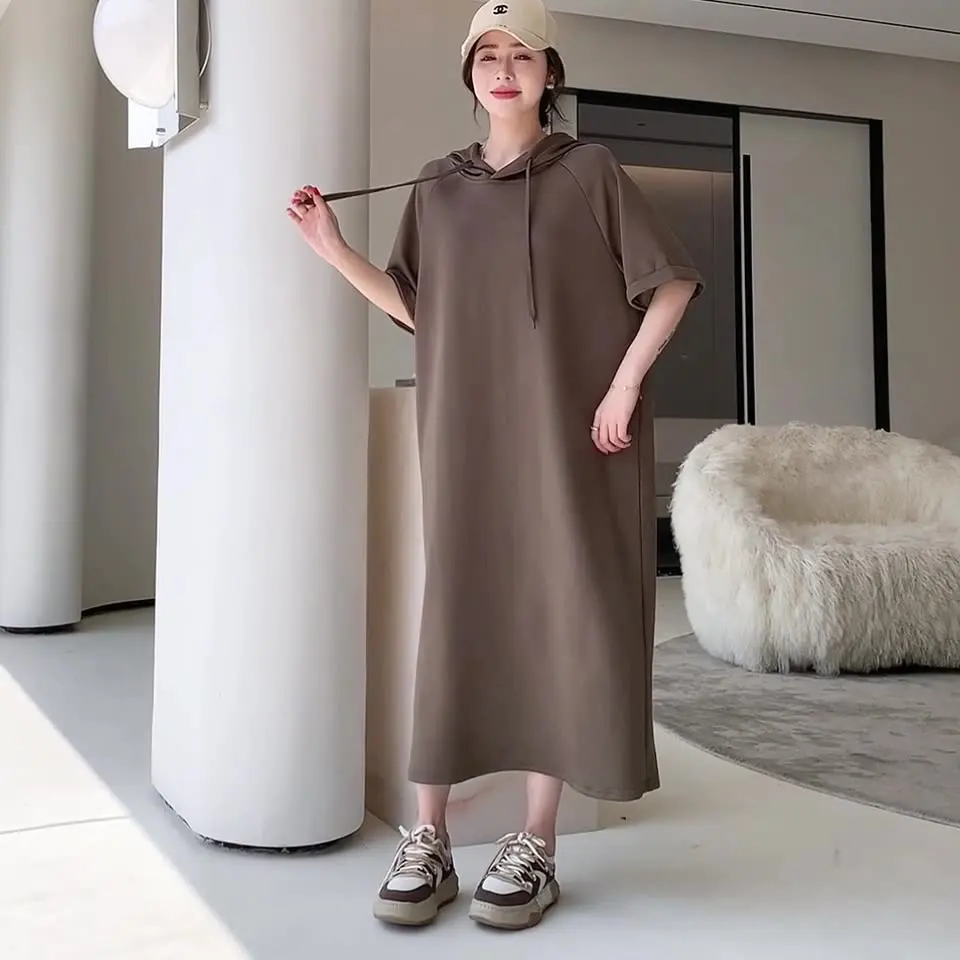 プラスサイズ スリット入りTシャツ ルーズフィット 半袖 パーカーワンピース レディース 春夏 細見え カジュアル 無地 ロング丈ワンピース