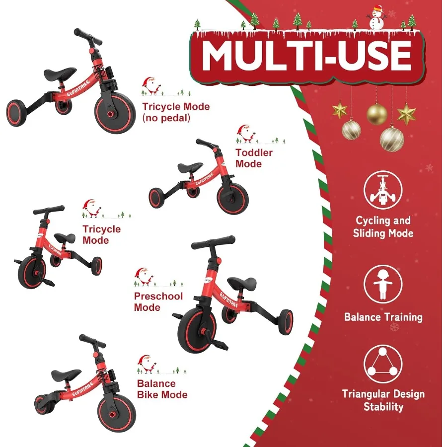 จักรยานเด็ก 5 in 1 สำหรับเด็กอายุ 1 ปี ถึง 4 ปี, รถสามล้อเด็ก, ของเล่นสำหรับเด็กชายและเด็กหญิง, ฝึกการทรงตัว