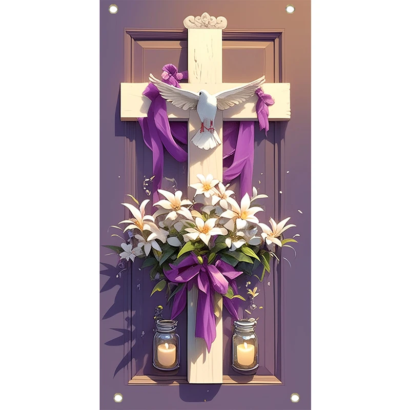 Capa de porta cruzada de páscoa, decoração de varanda roxa, banner perfeito para decorações de festa de primavera