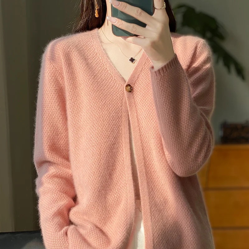 Women New Autumn Winter 100% Merino Wool Sweater V-neck One Button Cardigan Soft Knitwear Elegant Female Exquisite Clothing Tops