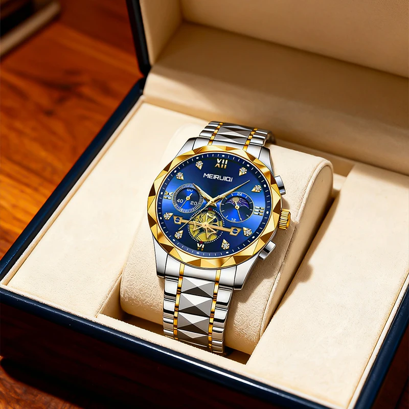 Eine hübsche und modische Herrenuhr in Goldblau mit multifunktionalem Mondphasenzeiger und Quarzwerk.