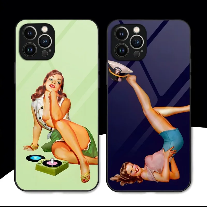 Sexy Pin Up Girl Vintege Phone Case Tempered Glass For IPhone 13 12 11 14 Pro Max Mini X XR XS 8 7 6s Plus SE 2020 Cover