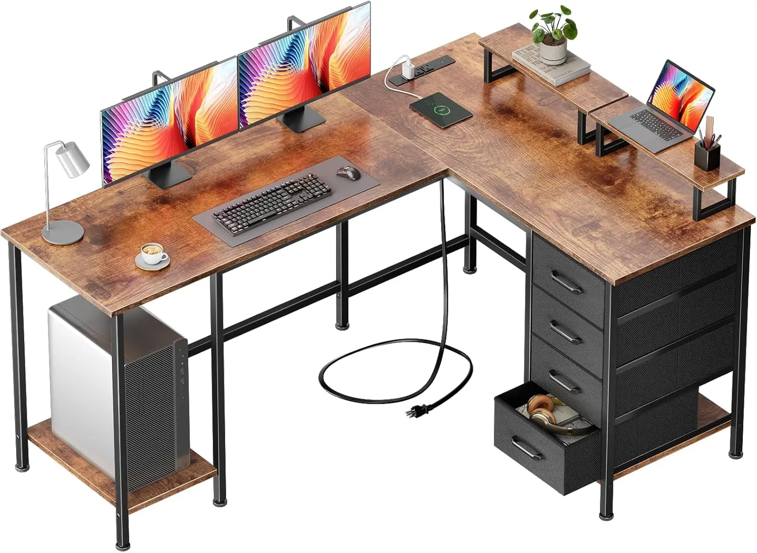 

59" L Shaped Computer Desk with Power Outlets, 4 Drawers & 2 Monitor Stands, Home Office Gaming Desk, Rustic Brown