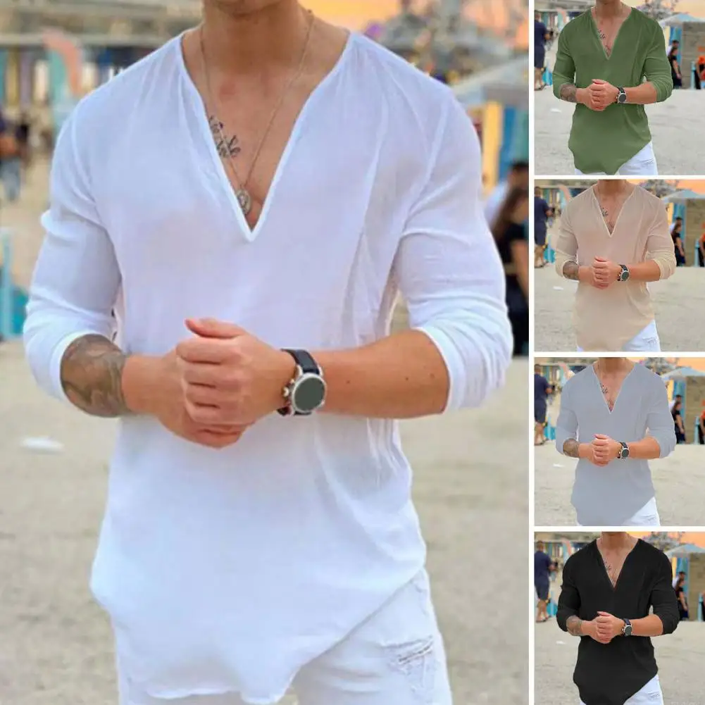 Summer Men T-Shirt Solid Color Three-quarter Sleeves V-Neck Casual Shirt Loose Fit  Sweat Absorption Shirt Top Streetwear