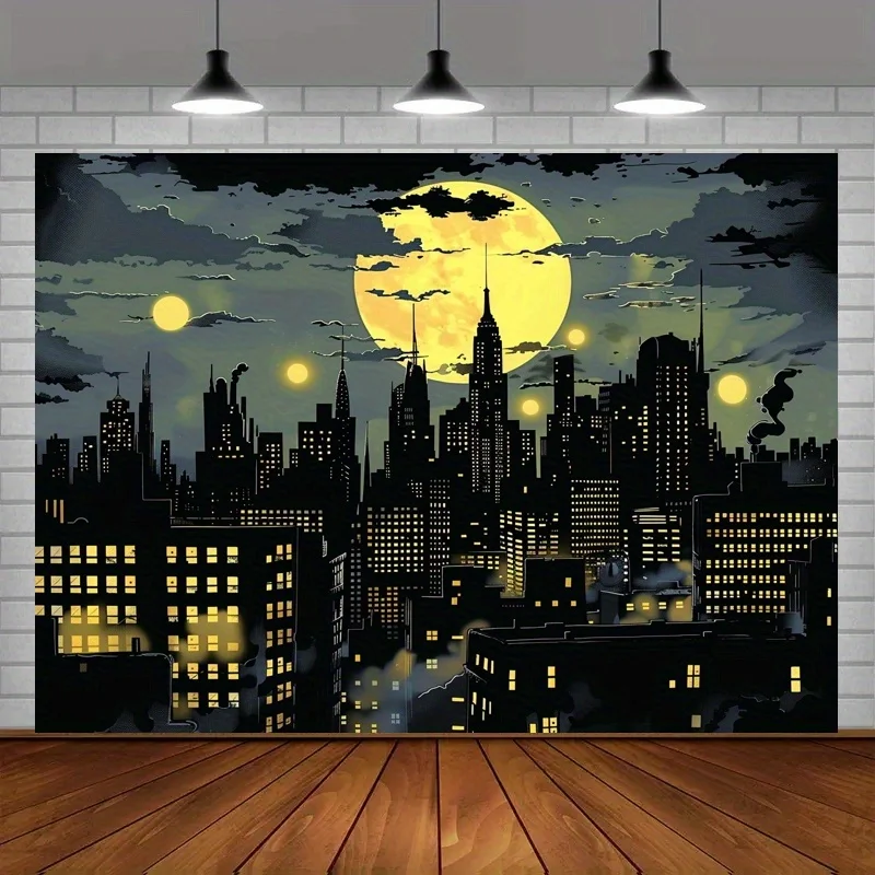 Superhero City Skyline مع خلفية الخفافيش - لافتة حفلات من البوليستر اللامع، مناسبة للتصوير الفوتوغرافي وأعياد الميلاد والمناسبات #3