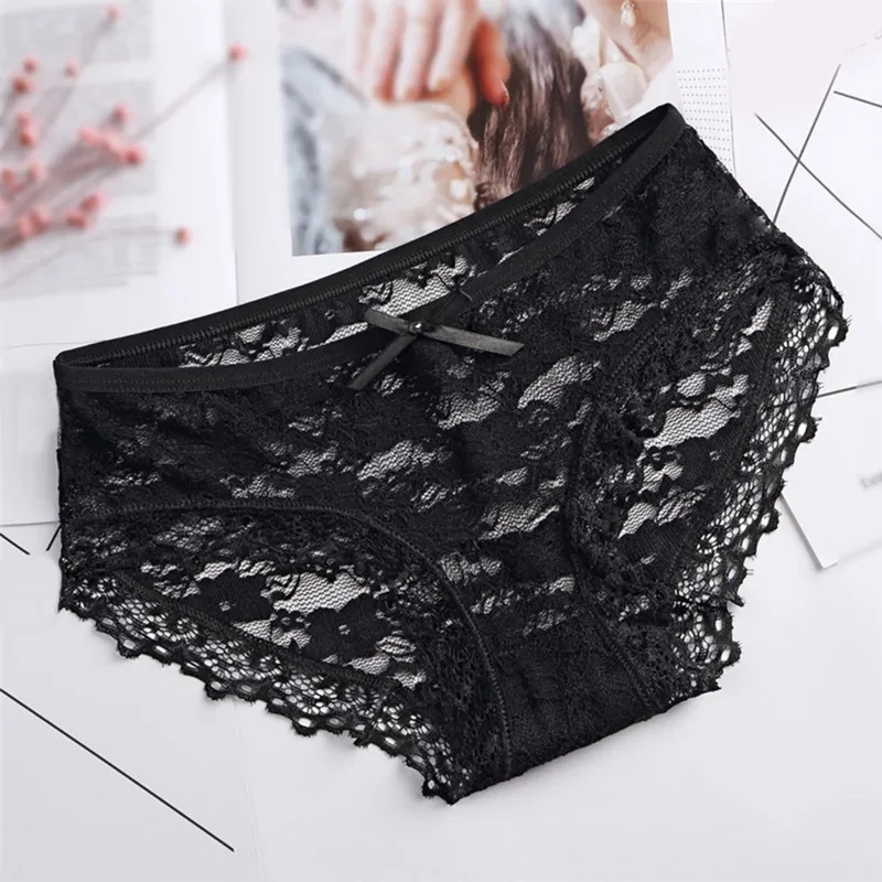 Solid Color Lace Panties For Women Hollow Mesh Bow Lingerie For Women Embroidery Low Waist Briefs Sexy Women's Underwear