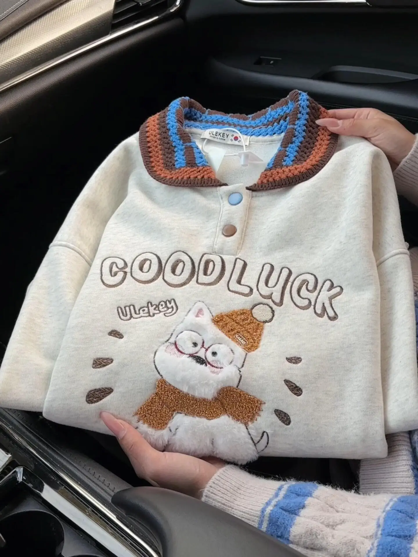 

Милый мультяшный свитшот с объемной вышивкой и цветными блоками, женский, осенне-зимний, на флисовой подкладке, повседневный, универсальный, в студенческом стиле