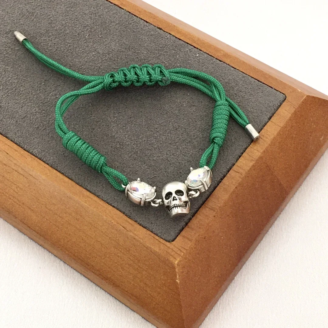 Europe Fashion Green Handmade Woven Cord Bracelet Skull Silver Crystal Bracelet Women Designer Brand Trend