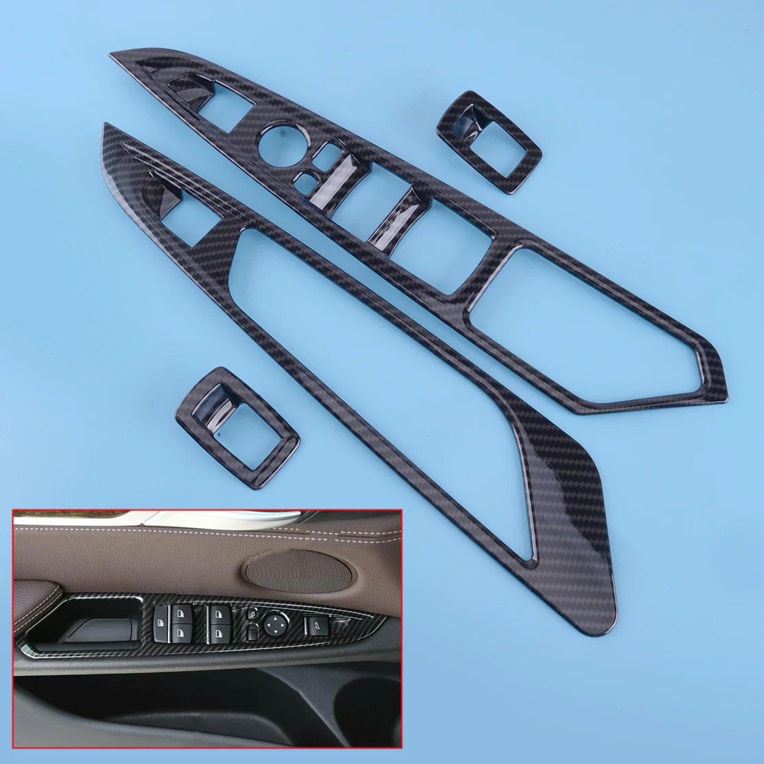 

Комплект накладок на кнопки стеклоподъемников в стиле карбон для BMW X5 F15 X6 F16 2015-2018 (левый руль)