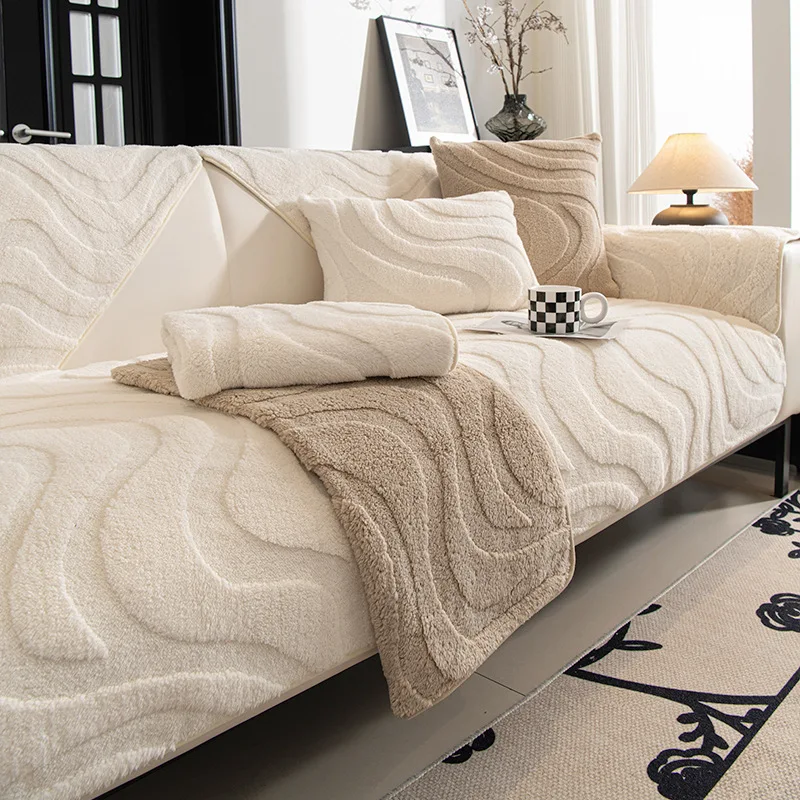 Plush sofa cover non-slip premium feeling living room sofa decorative cushion anti cat scratch backrest cover cloth