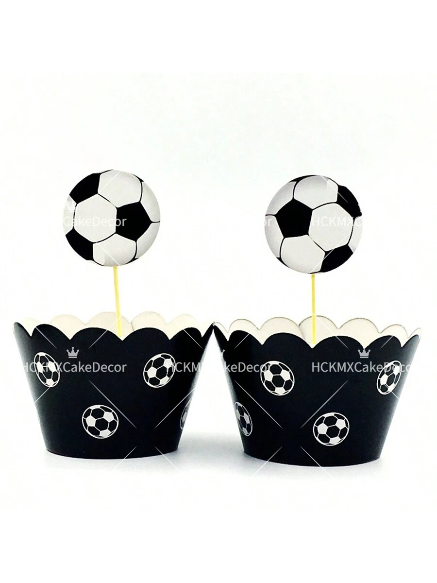 24 Stück/Set Fußball-Cupcake-Topper Schwarz-Weiß Fußball-Deko für Sport-Themen-Geburtstagsfeier Babyparty-Dekorationen – Detail 3