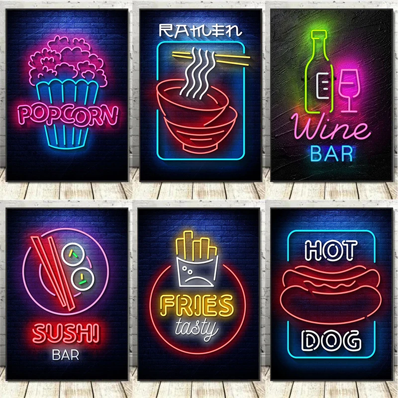 

Neon Effect Food Noodles Ramen Popcorn Sushi Canvas Painting Print Poster Wall Art for Kitchen Bar Room Home Decor Cuadro No LED